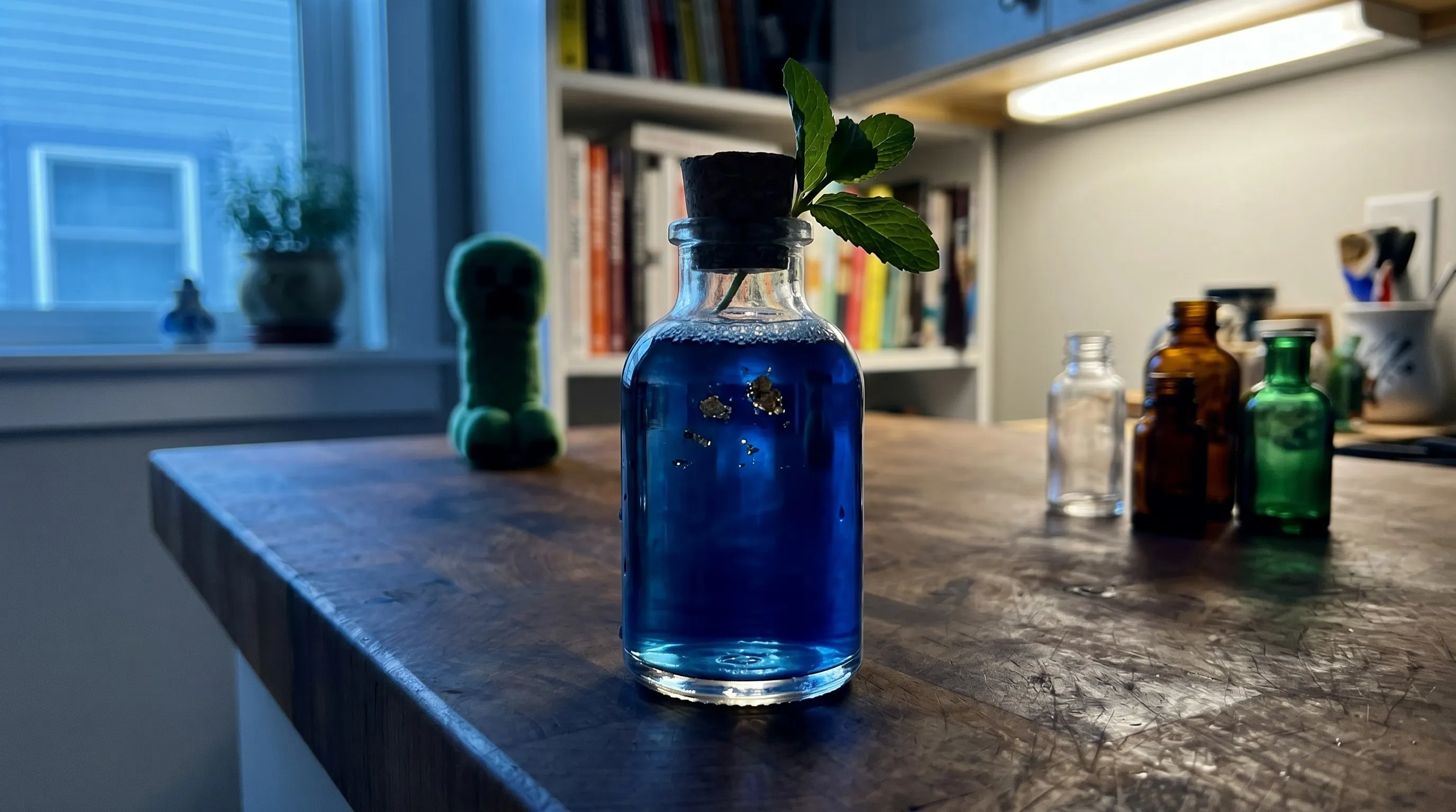 From behind the flask, antique apothecary bottles blurred in the swamp-dusk light