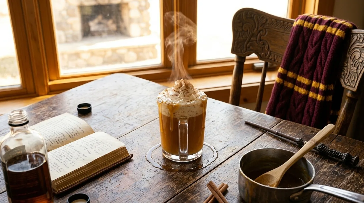 From behind the butterbeer looking into the honeyed kitchen light, a Gryffindor scarf draped at the far edge