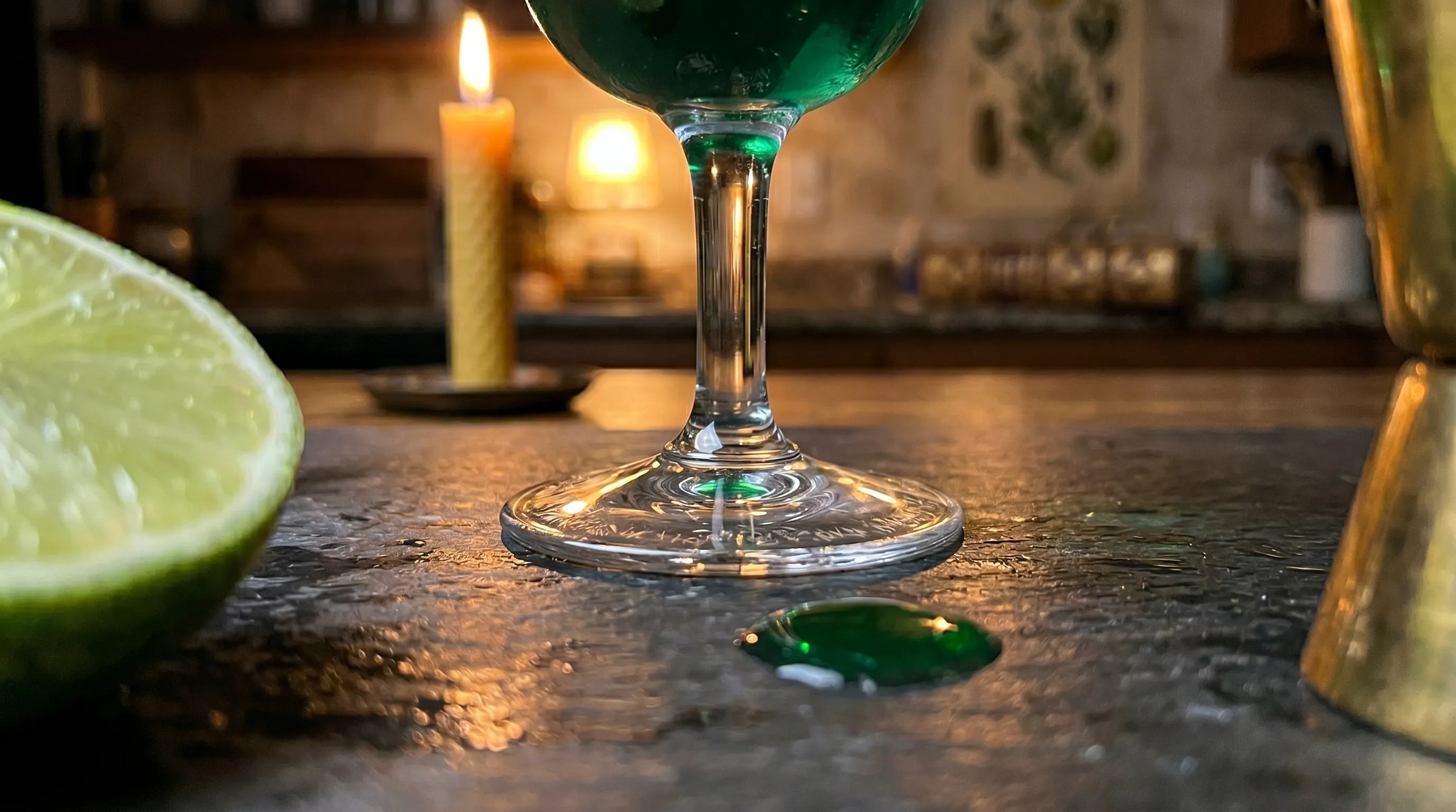 Just the bottom half of my goblet, a leather spellbook spine barely visible on the shelf behind