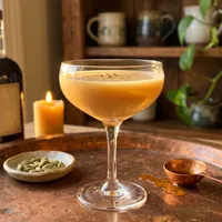 My Khajiit's Delight — shimmering amber Skooma in a coupe on a patinaed copper tray, Khajiit merchant at the edge