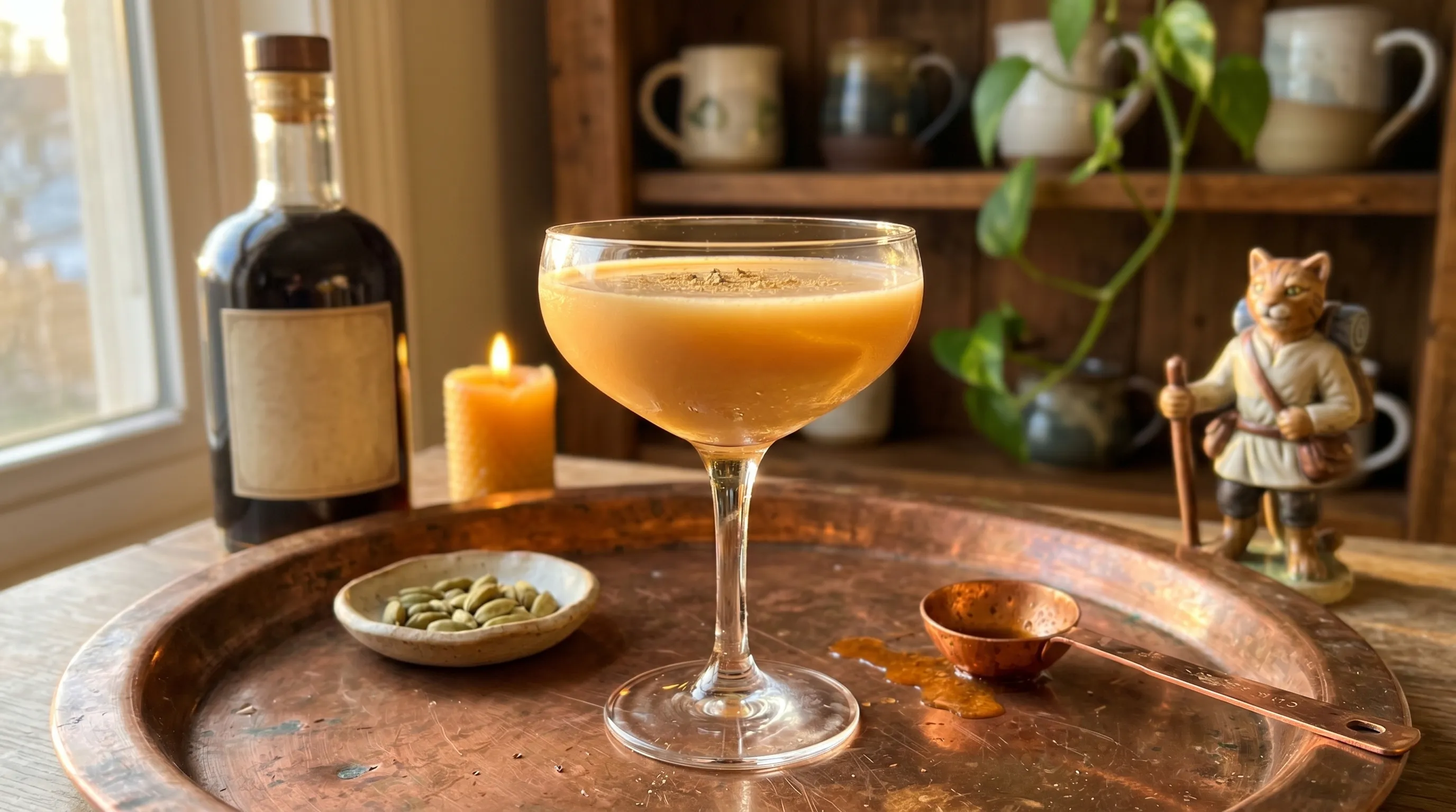 My Khajiit's Delight — shimmering amber Skooma in a coupe on a patinaed copper tray, Khajiit merchant at the edge