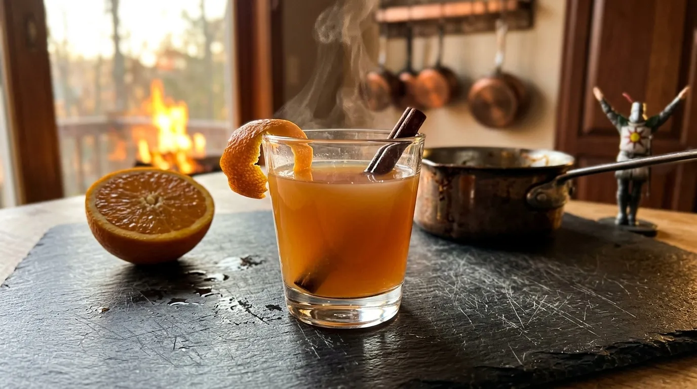 My Liquid Courage — warm amber drink with cinnamon and orange peel, Solaire's figurine at the edge