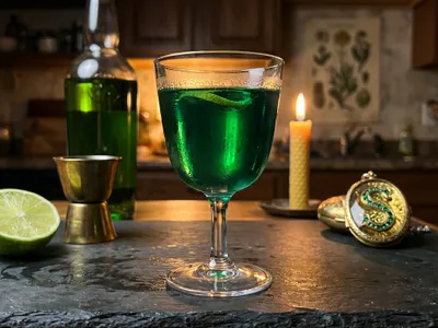 My Cave's Burden — deep emerald goblet glowing on dark slate, Slytherin's locket set back at the edge