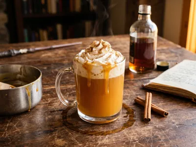 My Hogsmeade Warmth — warm amber butterbeer with whipped cream, cinnamon, and a holly wand set back at the edge