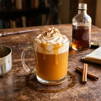 My Hogsmeade Warmth — warm amber butterbeer with whipped cream, cinnamon, and a holly wand set back at the edge
