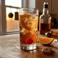 My Mojave Sunset — amber-brown sarsaparilla over ice with an orange peel and cherry, the star bottle cap nearby