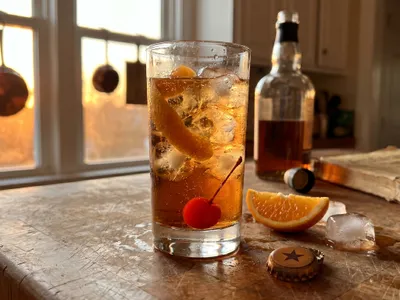 My Mojave Sunset — amber-brown sarsaparilla over ice with an orange peel and cherry, the star bottle cap nearby