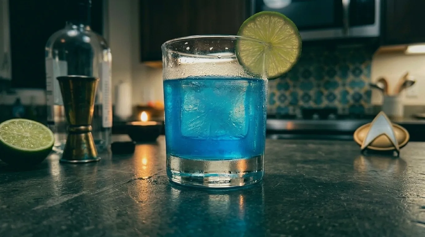 My Contraband Blue — vivid electric blue Romulan Ale on a single ice cube, Starfleet combadge at the edge