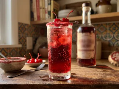 My Vault-Tec's Secret — cherry-red Nuka-Cherry with a red sugar rim, a Nuka-Cola bottle cap at the edge