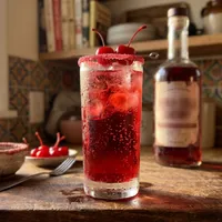 My Vault-Tec's Secret — cherry-red Nuka-Cherry with a red sugar rim, a Nuka-Cola bottle cap at the edge