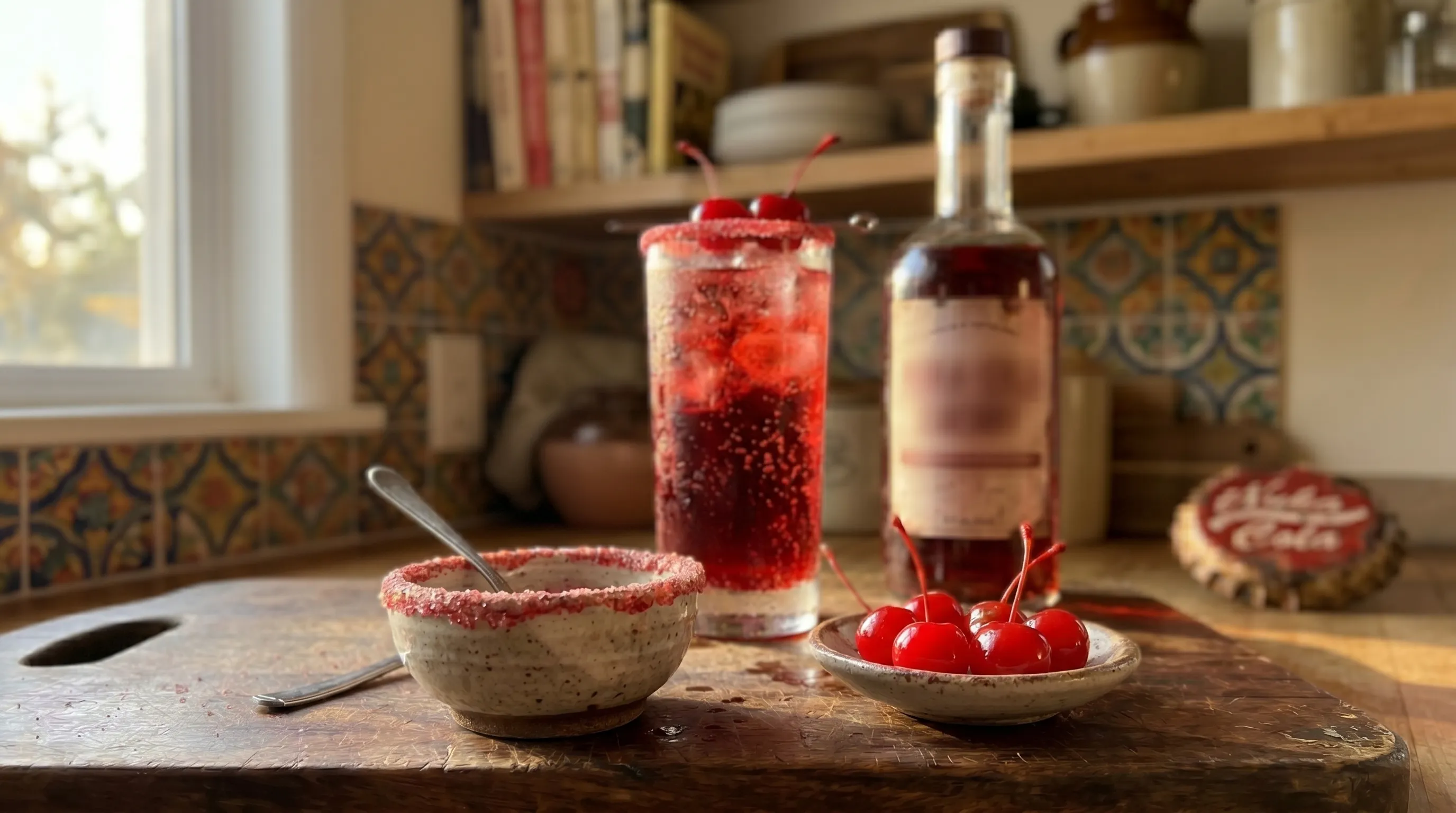 The cherries and red sugar bowl in front, my drink soft behind