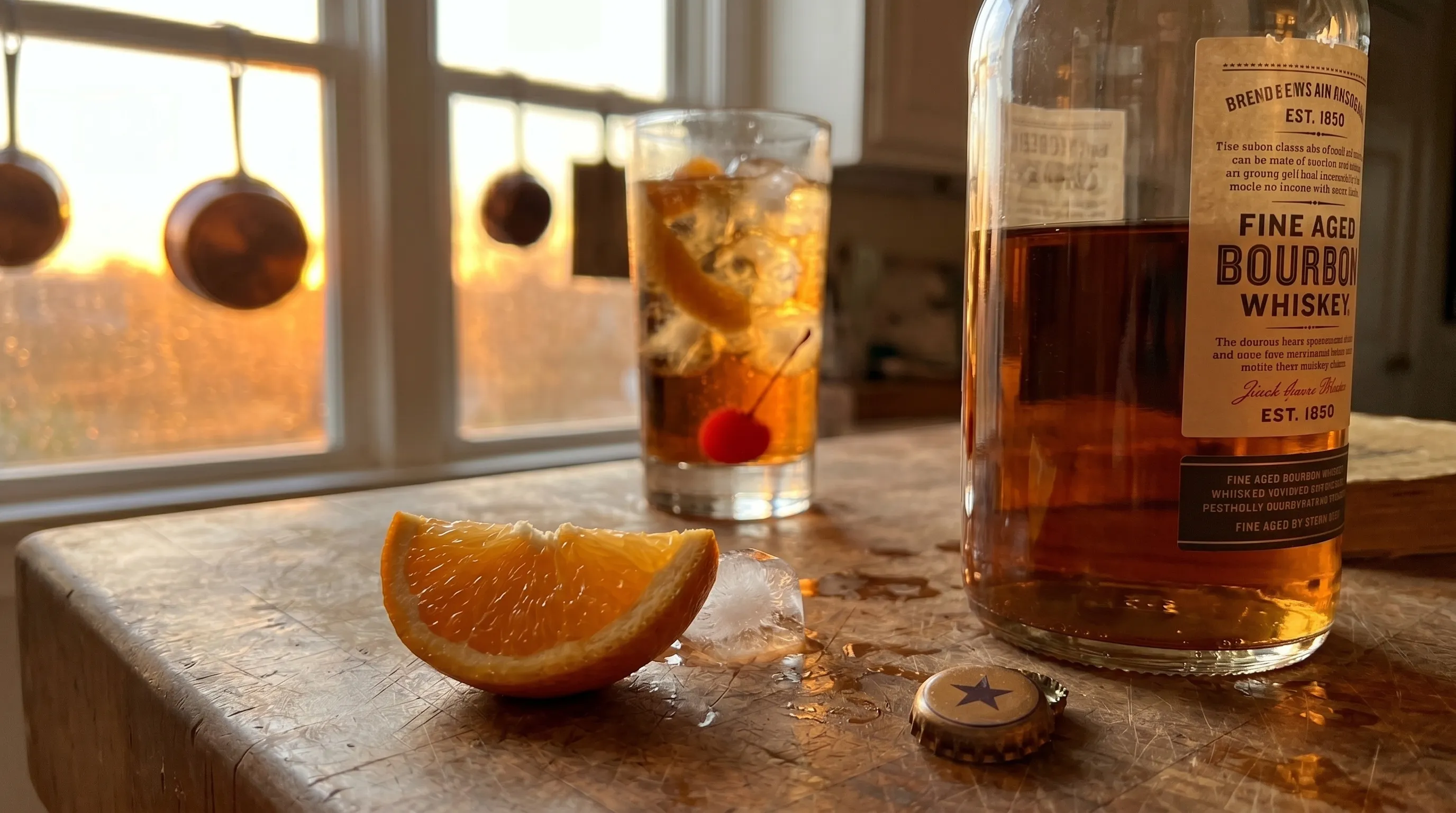 Orange slice and bourbon bottle sharp in front, my drink soft behind