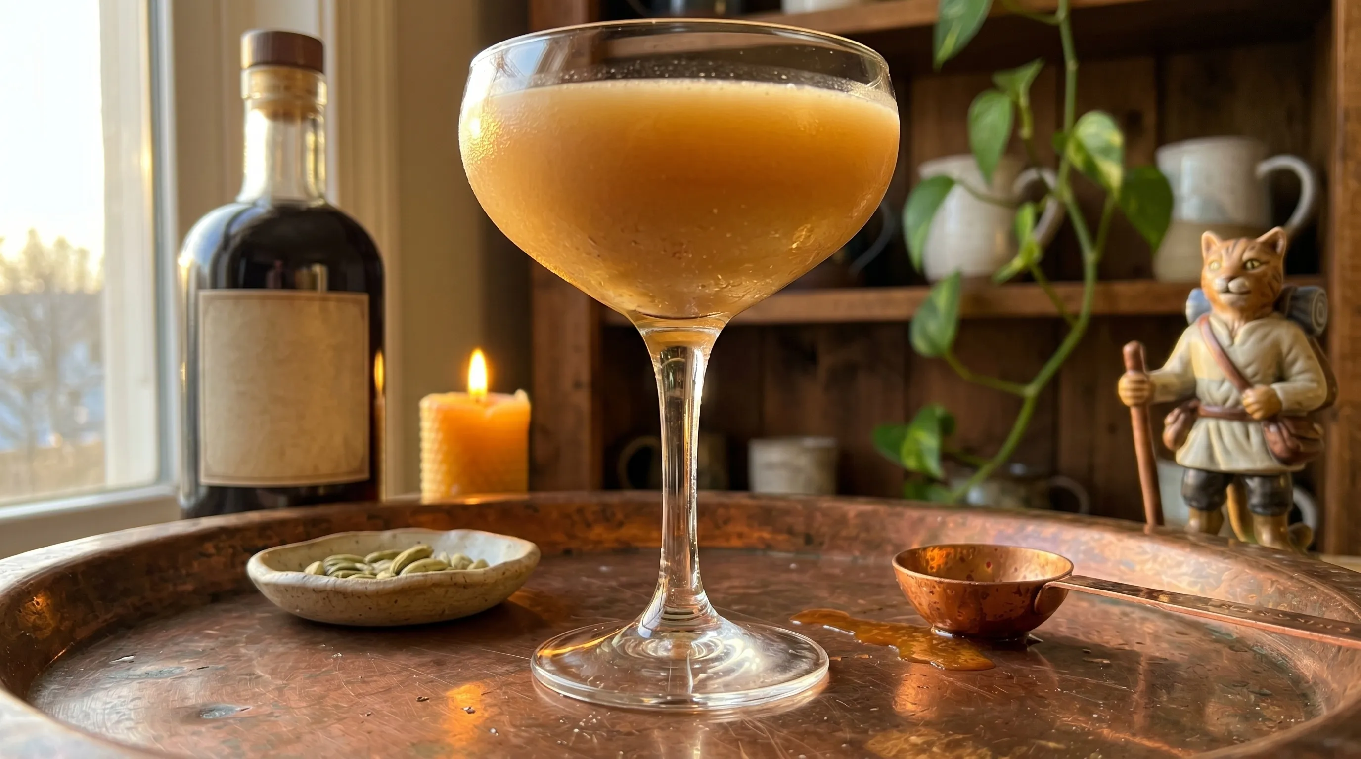 Looking up at the shimmering coupe with the Khajiit figurine at the edge of the frame