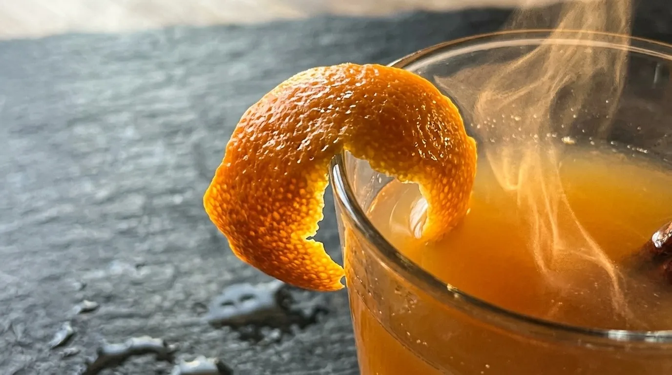 The orange peel garnish in close detail, steam rising