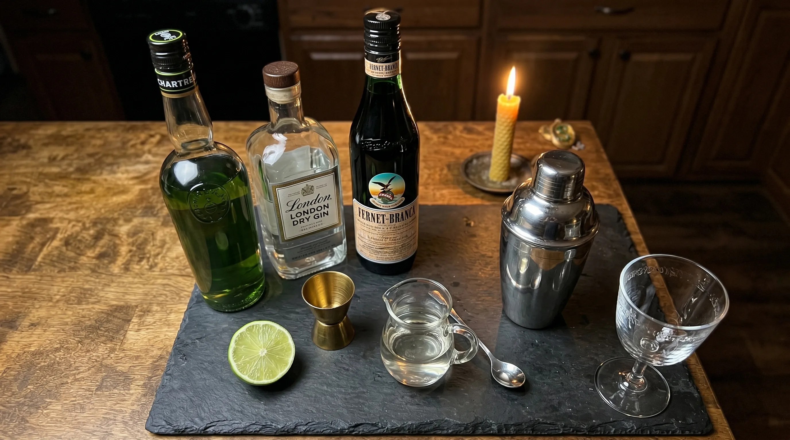 Everything laid out before I began — Chartreuse, gin, Fernet, lime, and an empty goblet