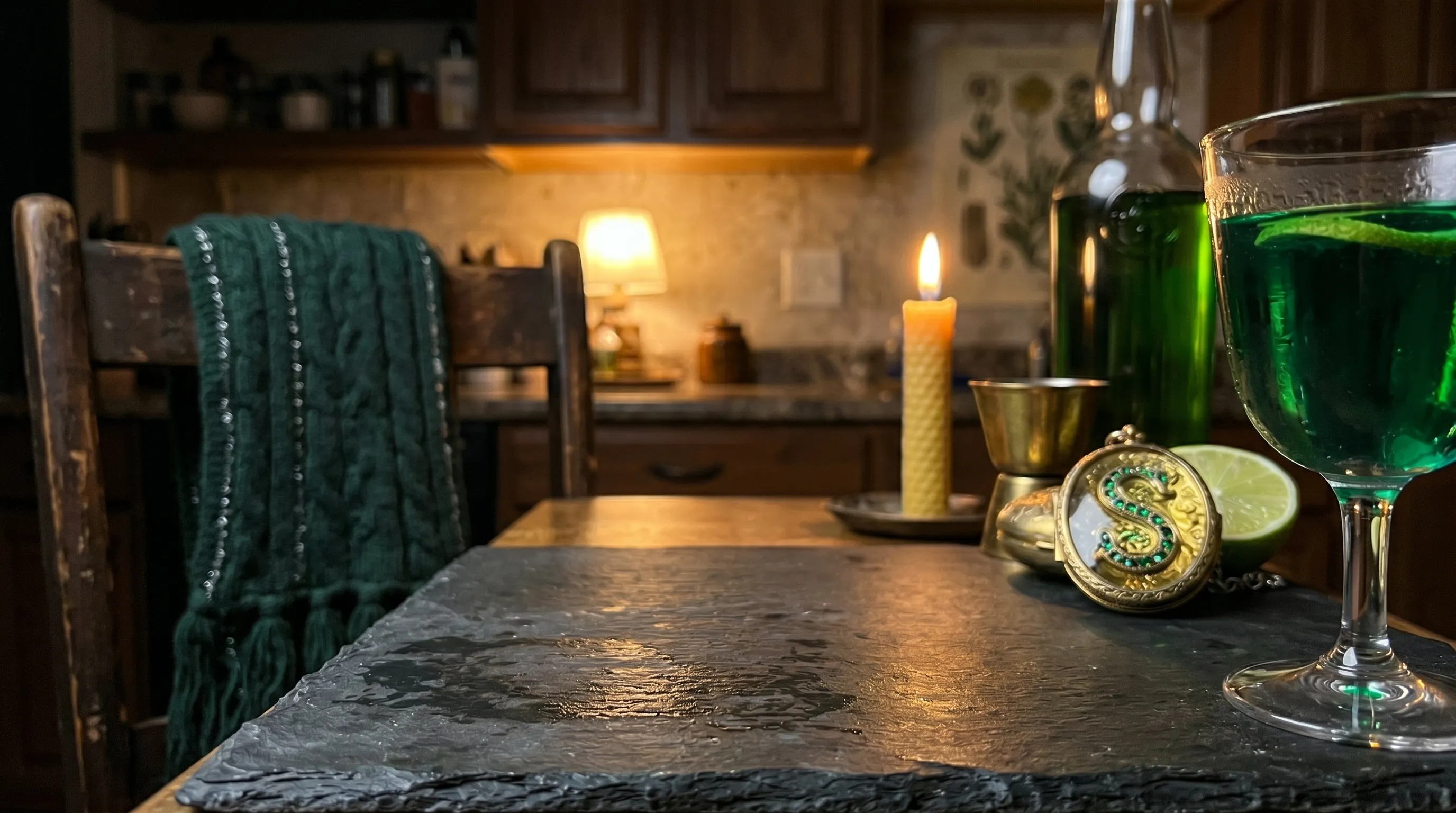 My goblet pushed to the edge, a Slytherin-green scarf draped in the negative space