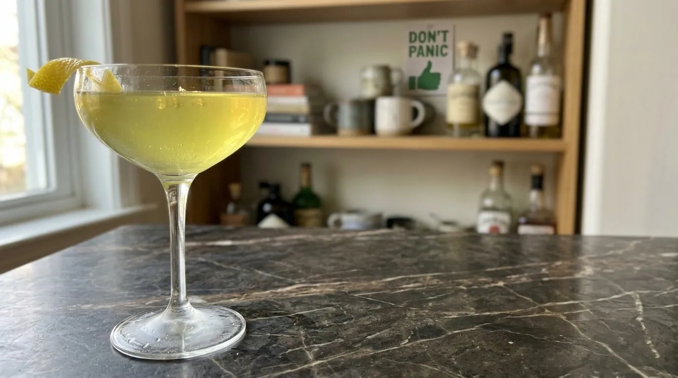 My drink pushed to the left, a blurred "Don't Panic" card on the shelving behind