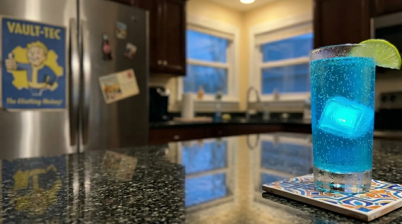 My Quantum pushed to the edge, a Vault-Tec poster fragment blurred at the far left