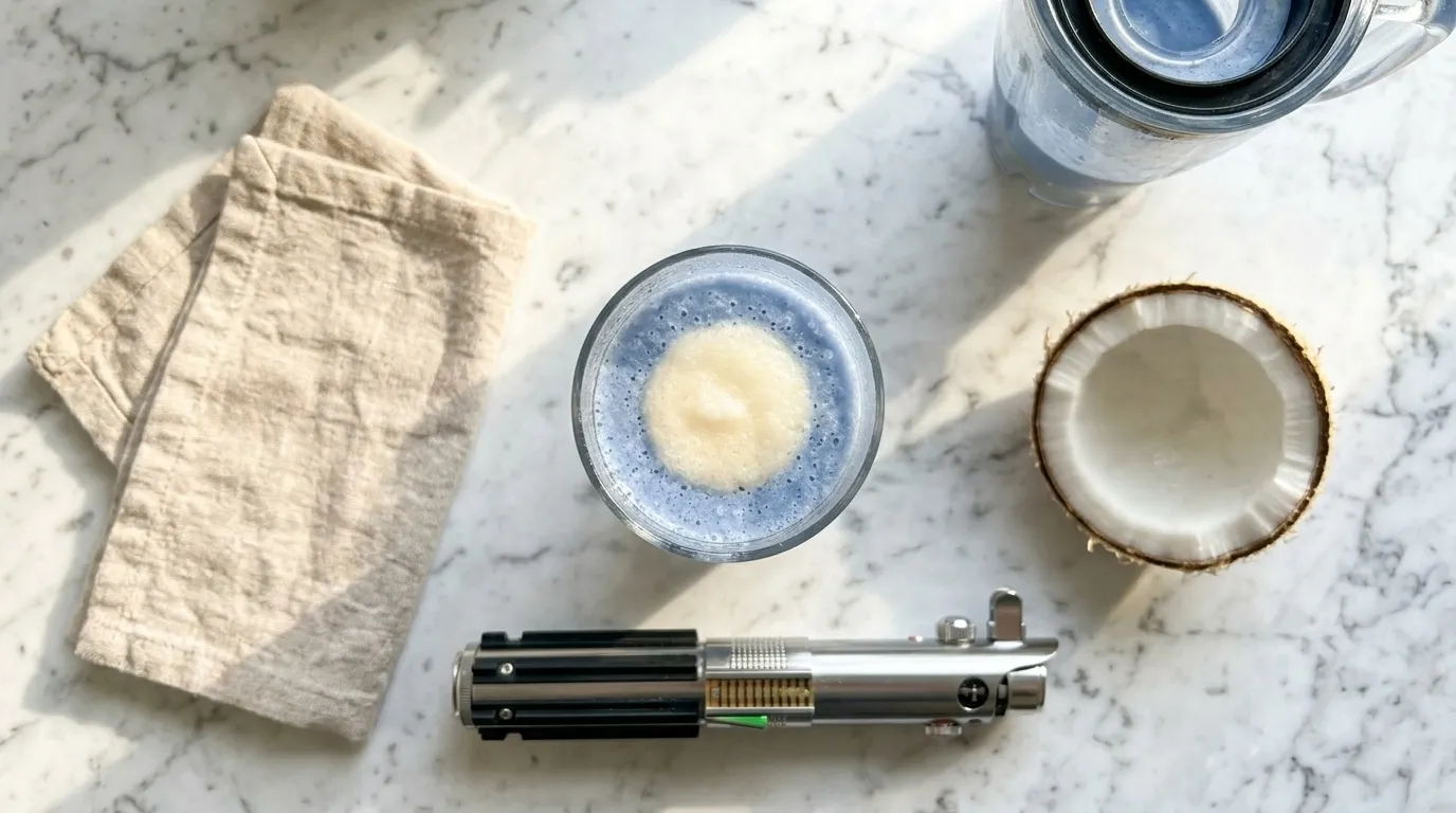 Top-down on the blue-and-cream drink with the coconut and a dune-colored linen napkin