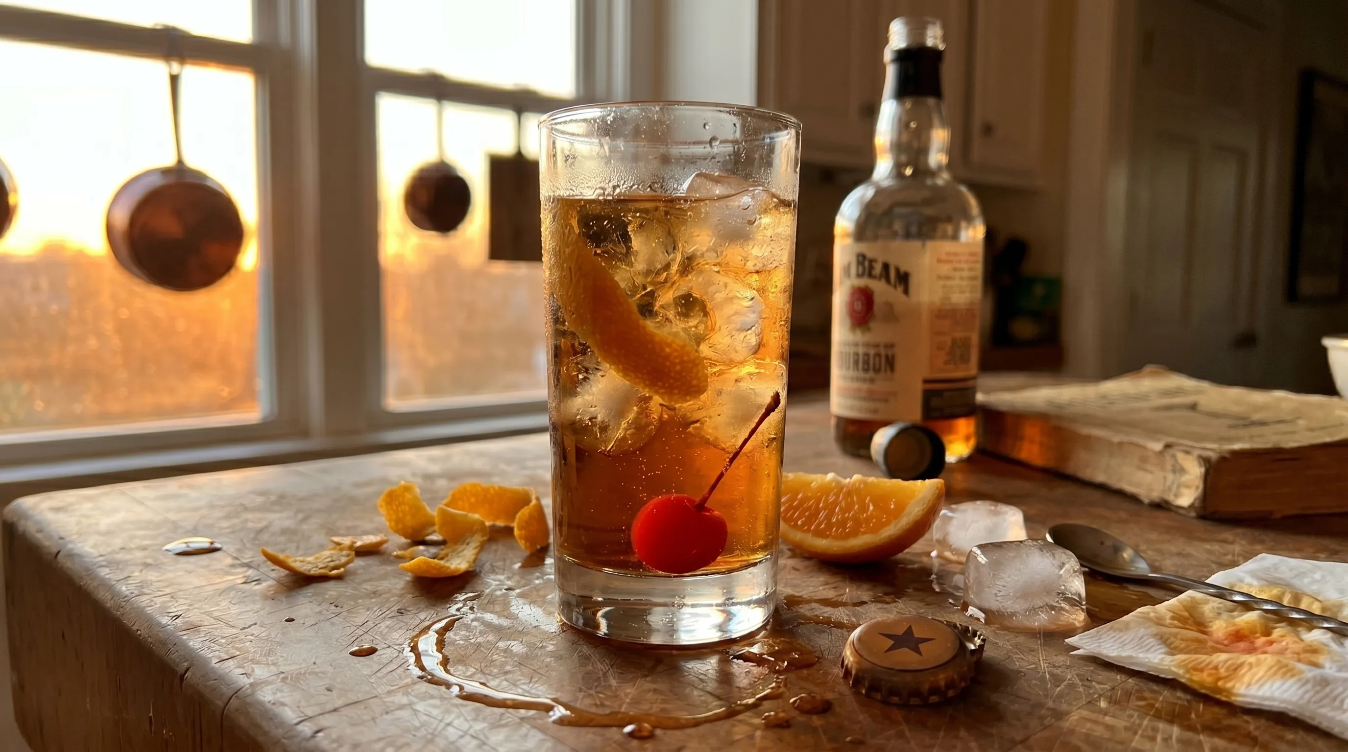 The sticky amber ring and spilled ice from making my Sunset Sarsaparilla, drink still front and center