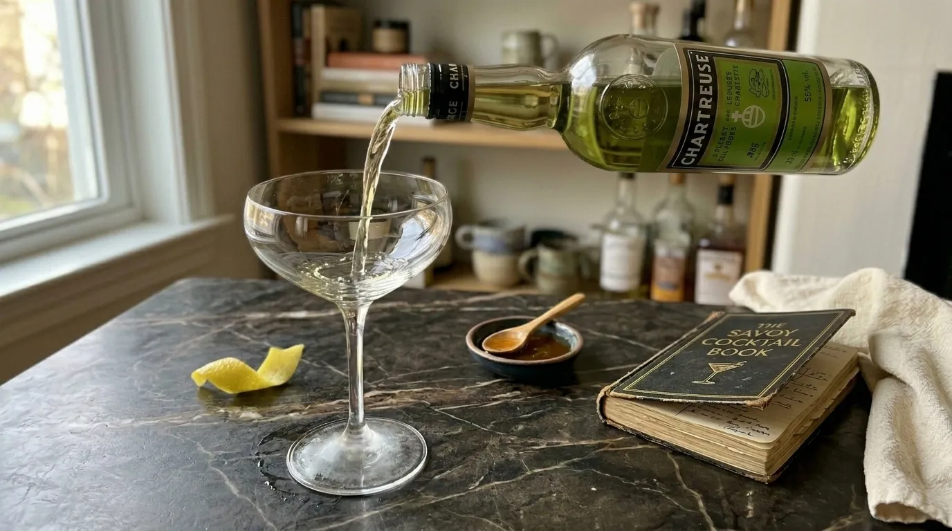 Mid-pour — pale golden-green liquid streaming from the Chartreuse bottle into my coupe