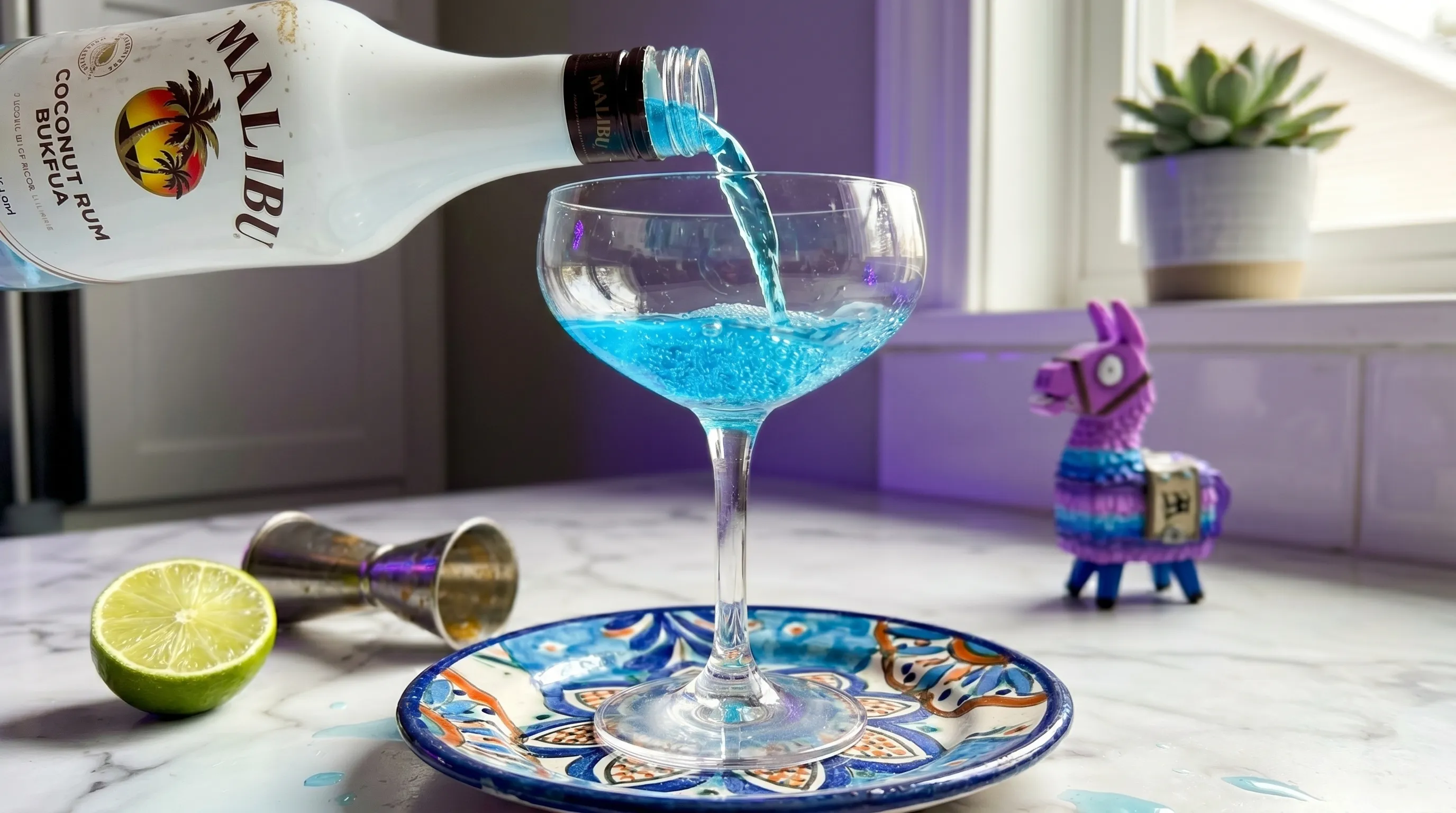 Mid-pour — bright blue Slurp Juice streaming from the coconut rum bottle into my coupe