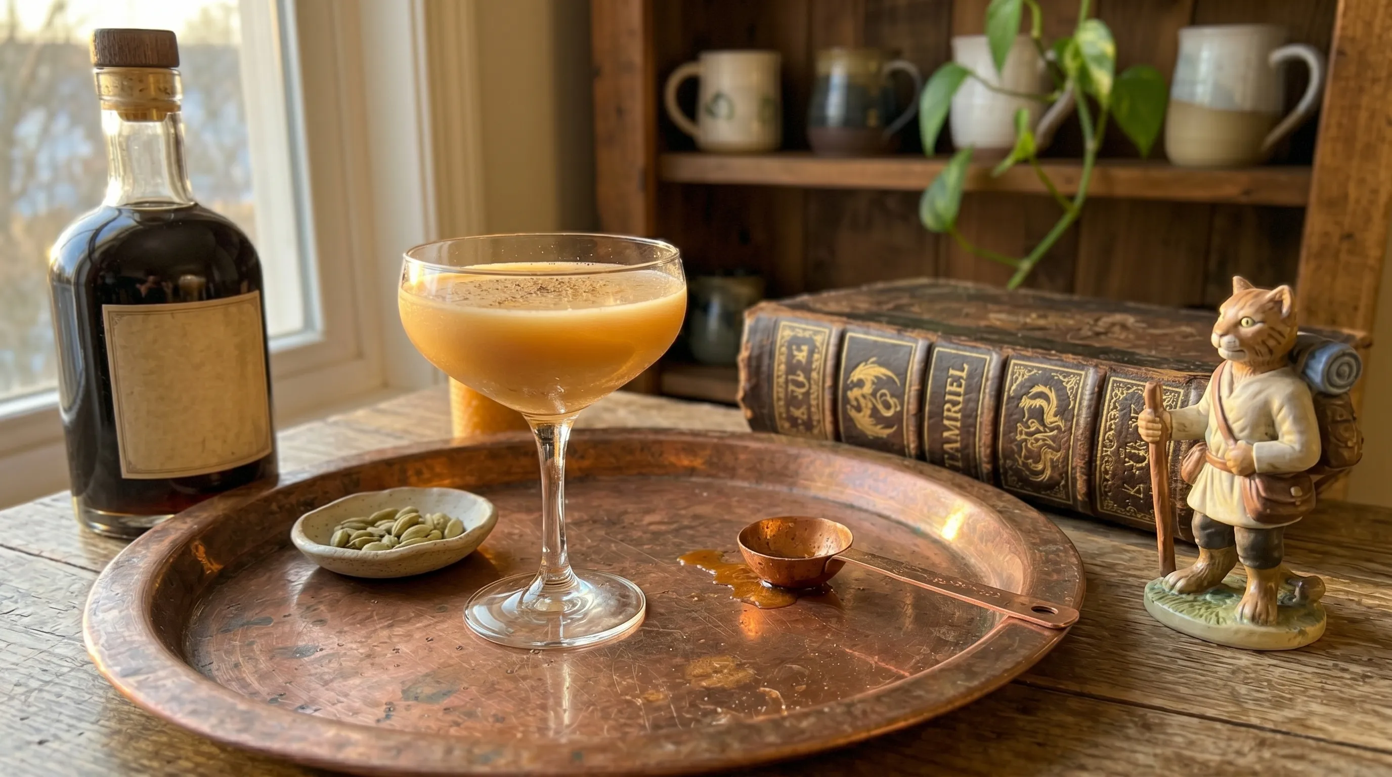 My Skooma from the left, a leather-bound tome spine barely visible on the shelf behind