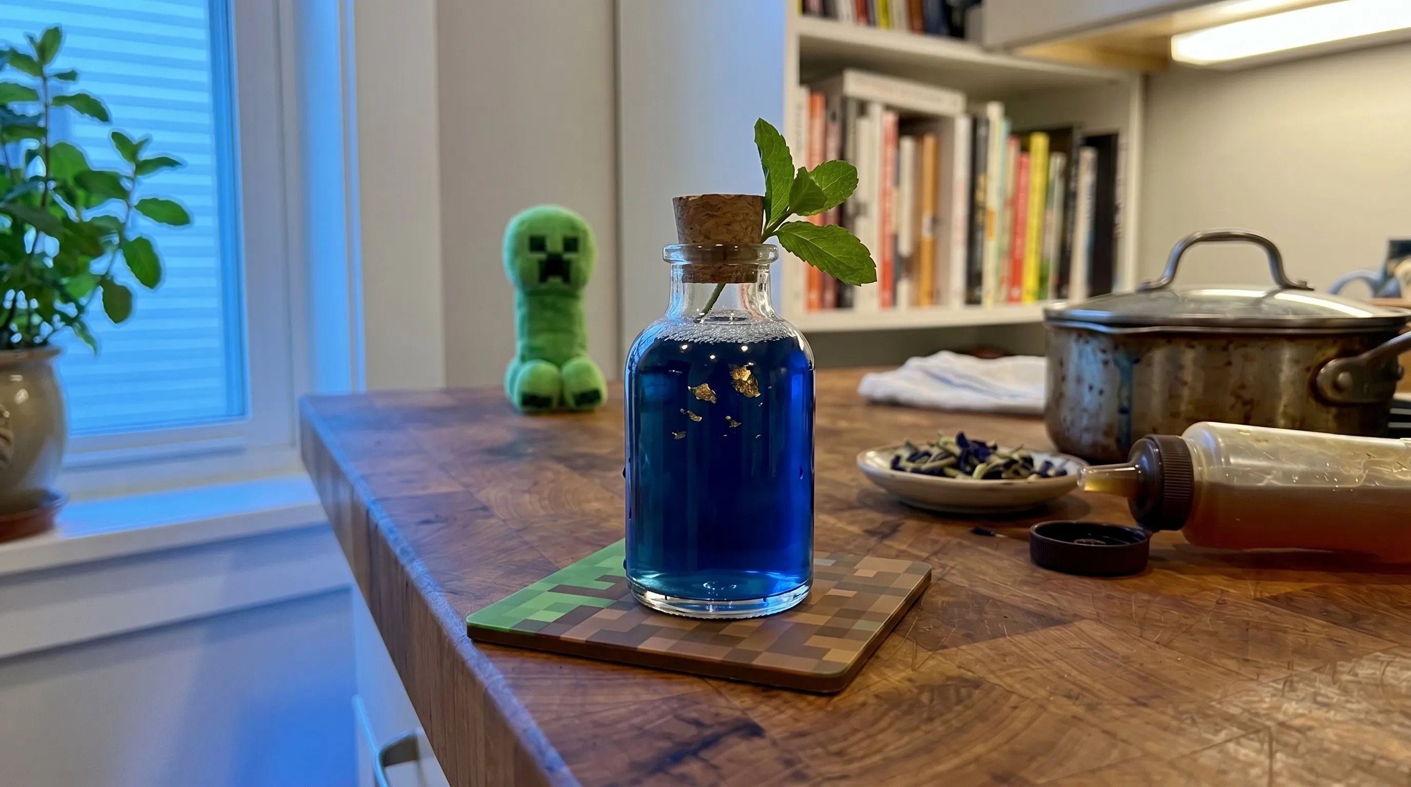 The flask from the left, resting on a grass-block-patterned coaster