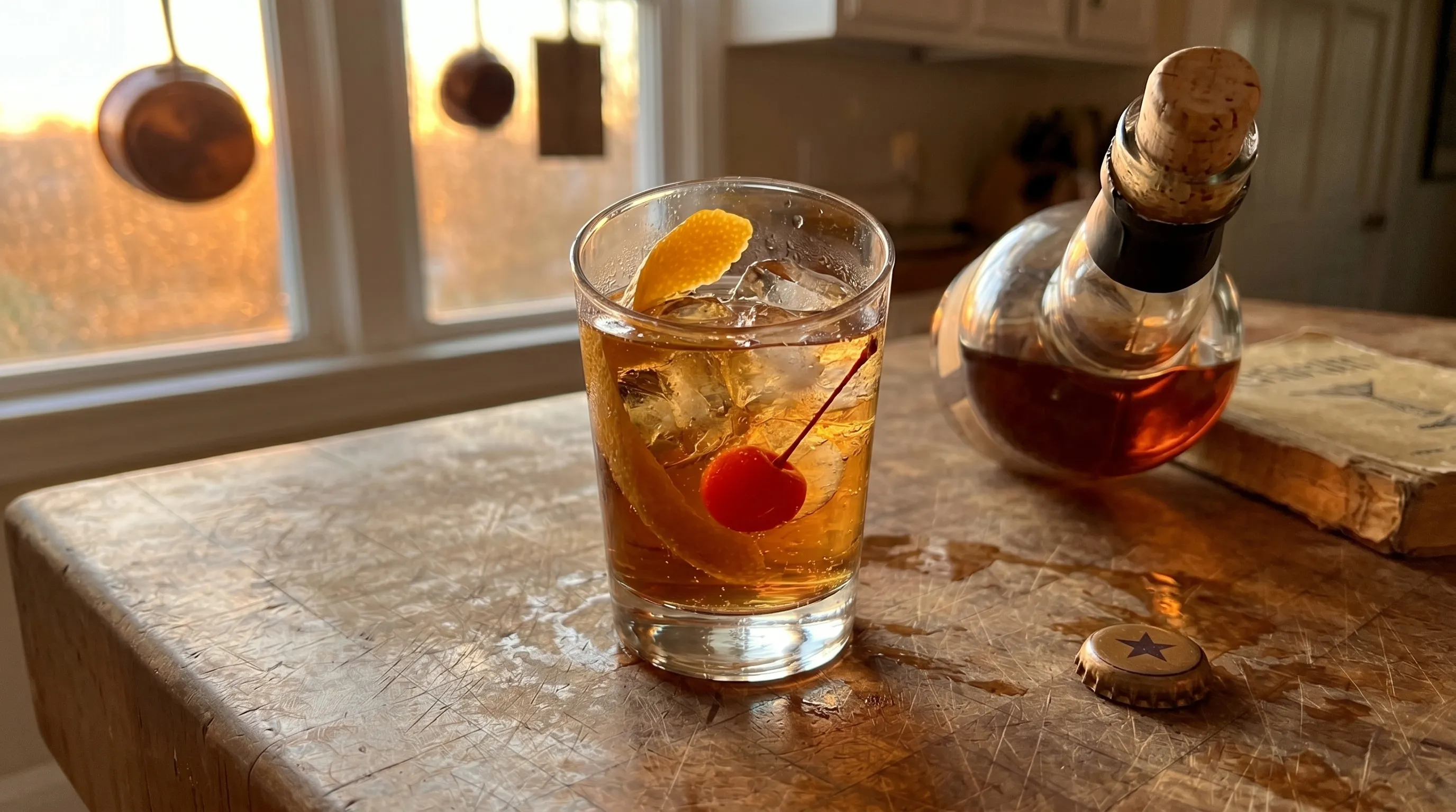 My Sunset Sarsaparilla from the right with the bourbon bottle and star bottle cap keeping watch