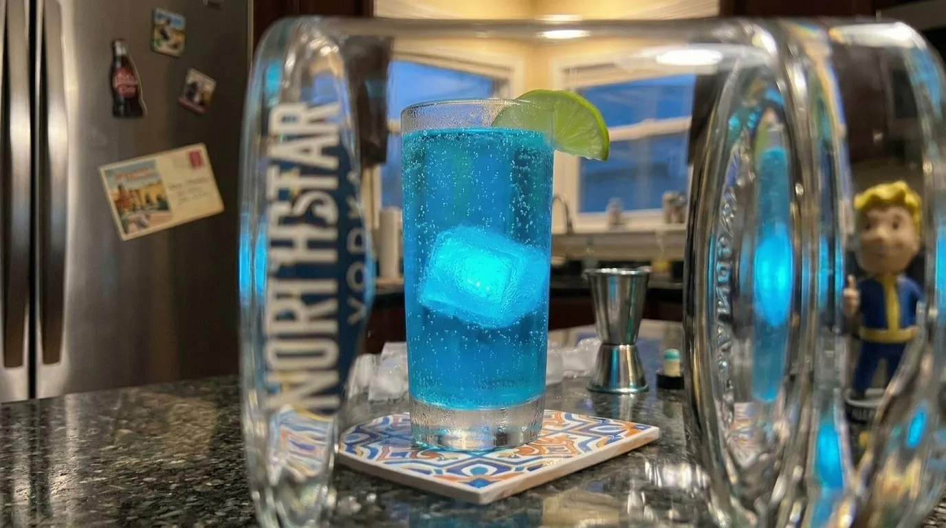 The blue glow distorted through the vodka bottle, a vintage postcard blurred behind