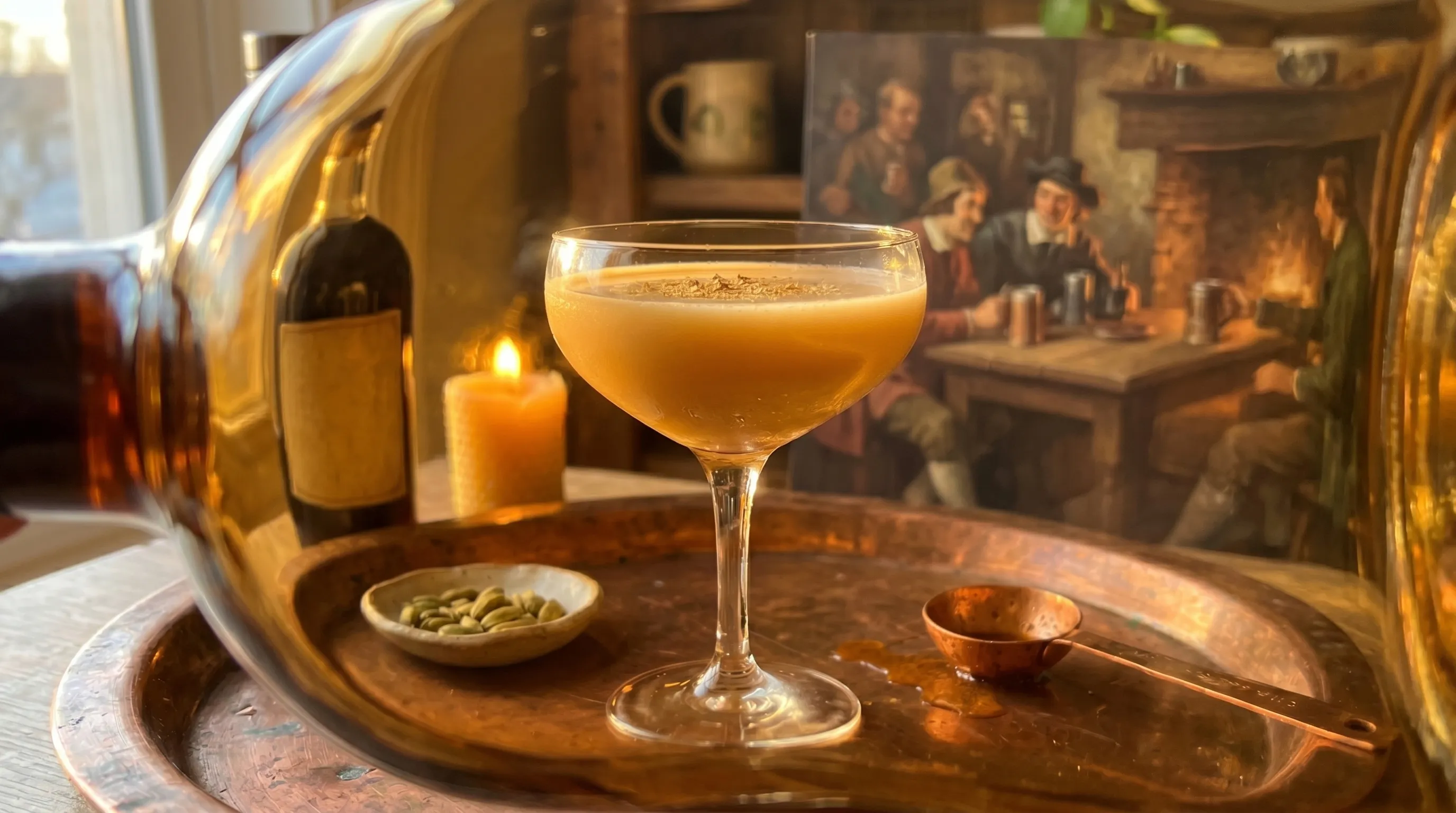 My Skooma seen through the spiced rum bottle, distorted and amber