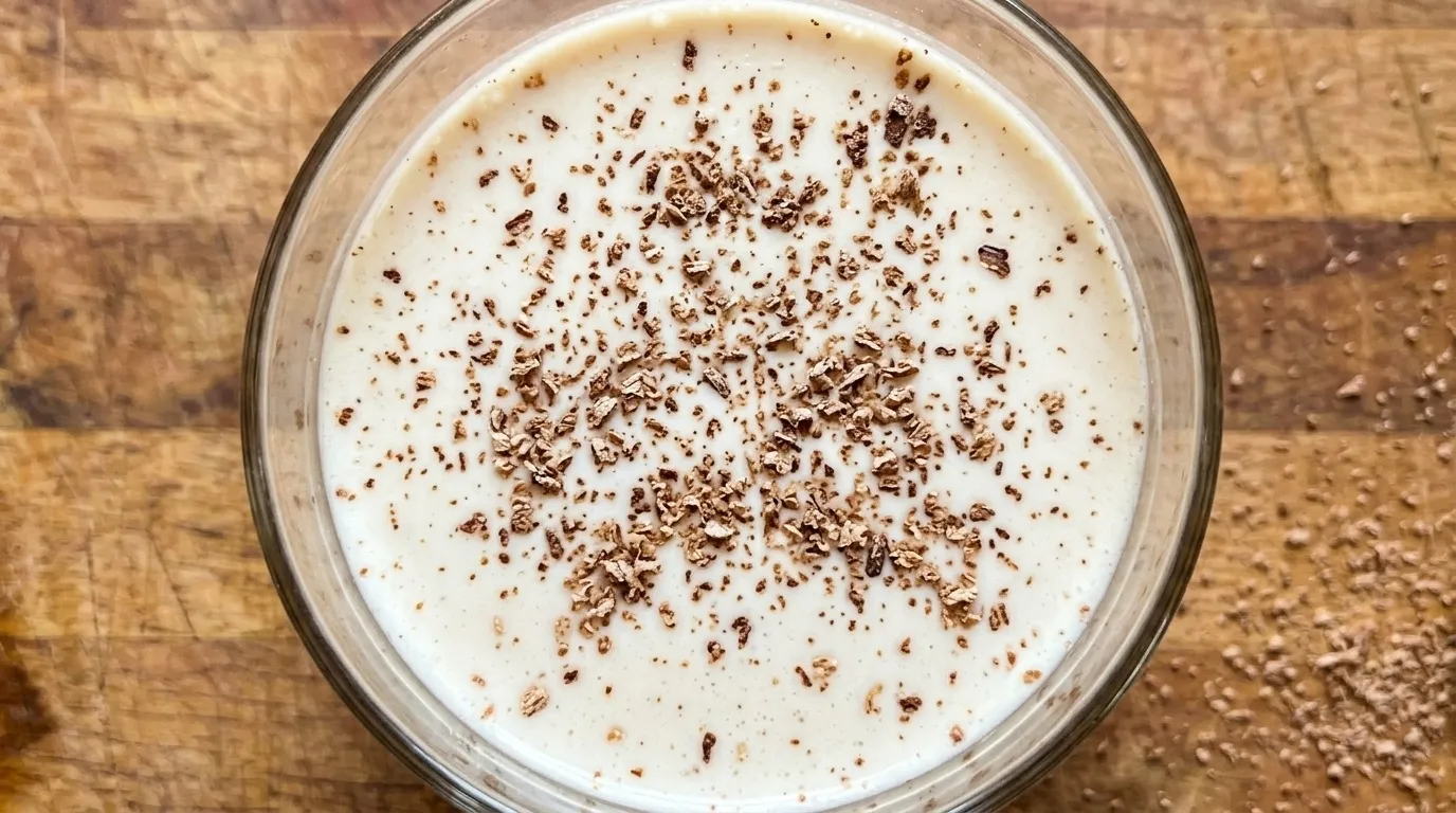 Looking straight down at the cream surface and scattered nutmeg shavings