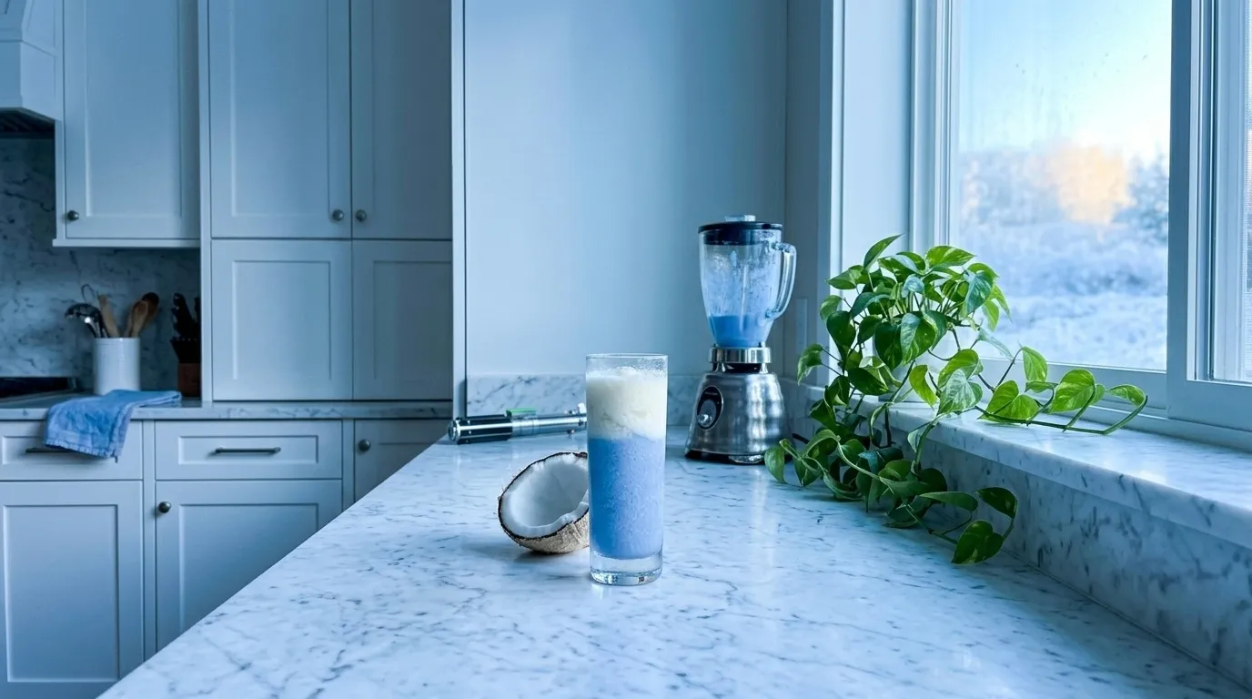My Blue Milk small in the frame, ambient cool-blue light filling the kitchen